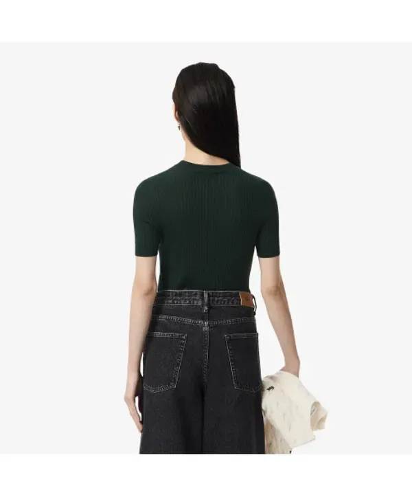 Свитер женский Lacoste из мериносовой шерсти, короткий рукав, бежевый — фото 3
