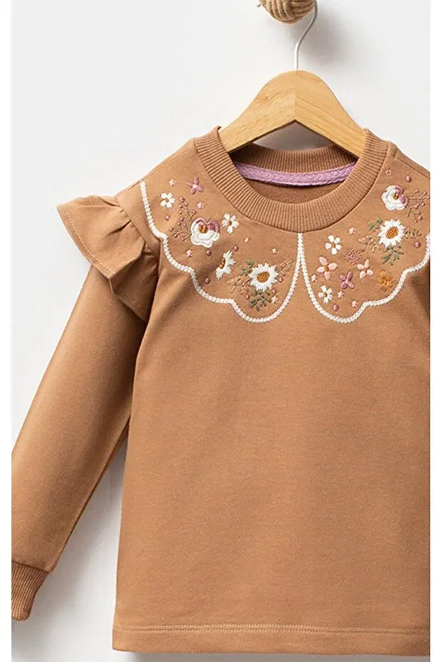 Детское платье-свитшот для девочек хлопковое Ruffled Collar Floral Embroidered 2 Thread Long Sleeve Overdo, Brown — фото 3