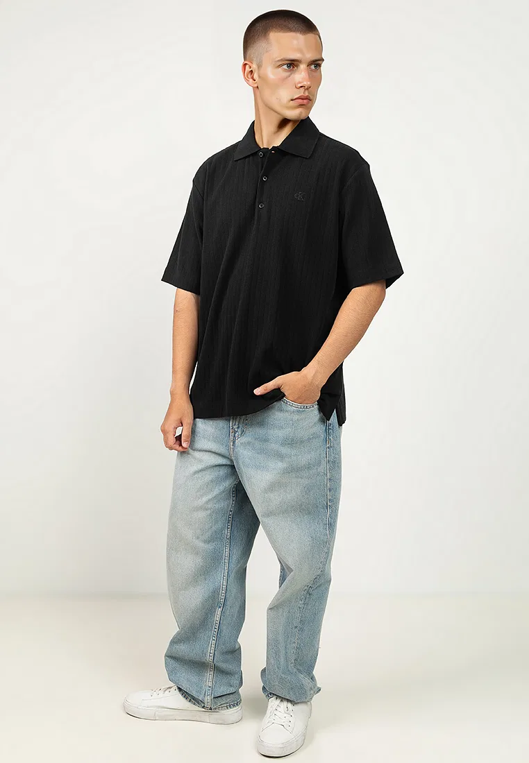 Поло Calvin Klein Jeans, свободный крой, ребристая ткань, короткий рукав, черный — фото 4