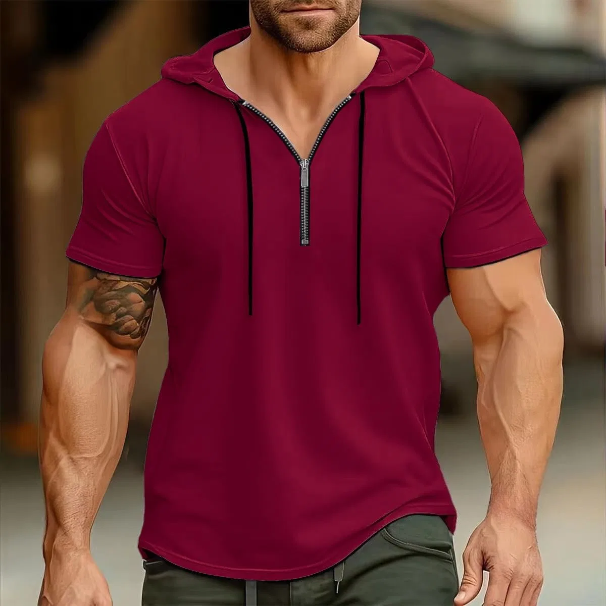 Мужская футболка с четверть-застежкой и капюшоном Athletic Henley, Wine Red — фото 2