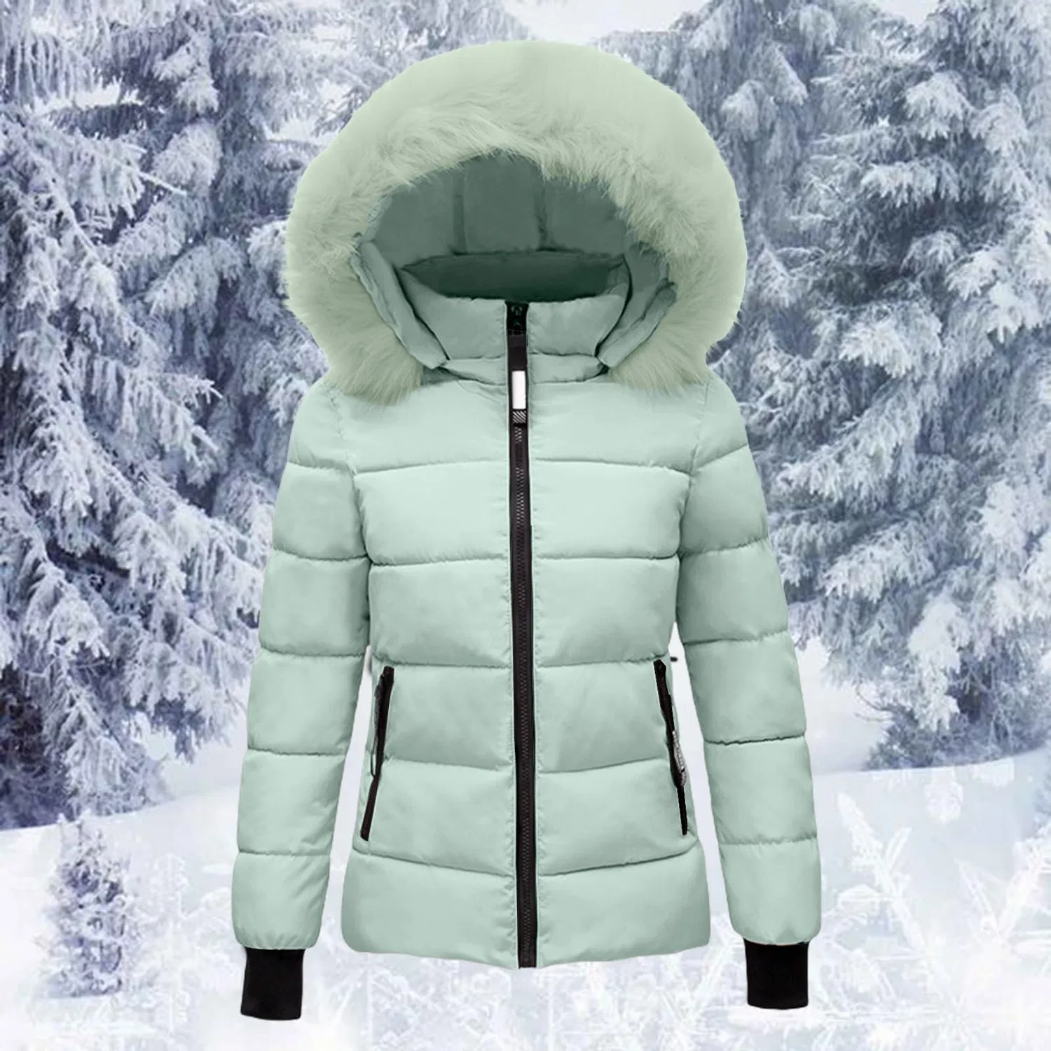 Женская куртка с капюшоном и принтом, модель Short Long Sleeve Hooded Down Jacket Sport Jacket Plus Size Oversize Leisure Open, green — фото 3