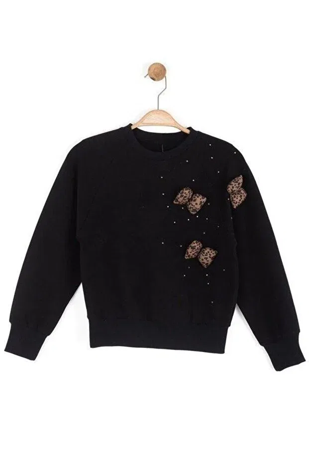 Детские свитшот для девочек с принтом Girl'S Leopard Bow Detailed Zekids, Black — фото 3