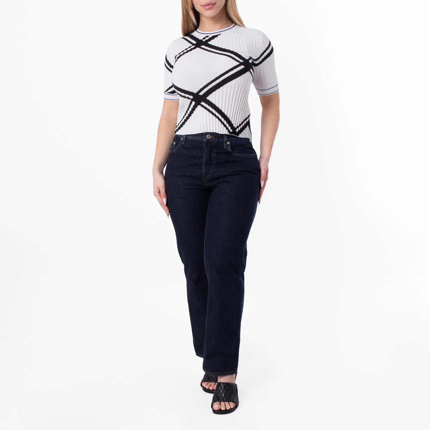 Топ из жатого хлопка Crinkled Check Cotton Top Burberry, Black/White — фото 3