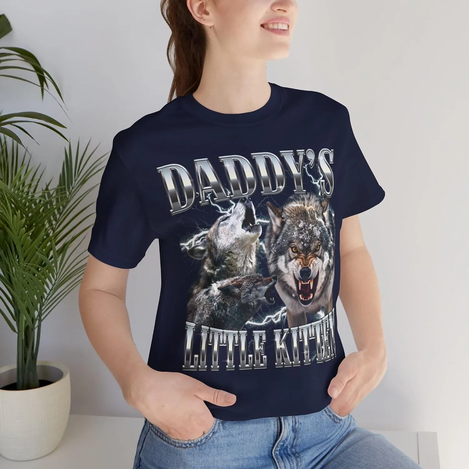 Женская футболка с принтом Daddy's Little Kitten, тёмно-синий — фото 2