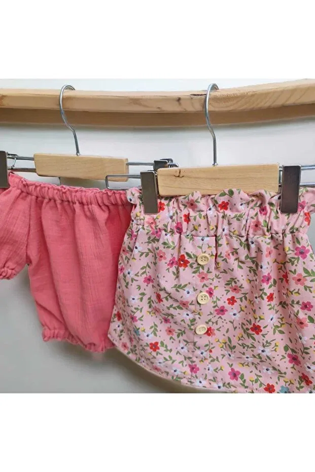 Детский комплект для девочек хлопковый Madonna collar muslin blouse & floral pattern buttoned skirt set Bebeğime Çorap, Pomegranate Blossom — фото 2