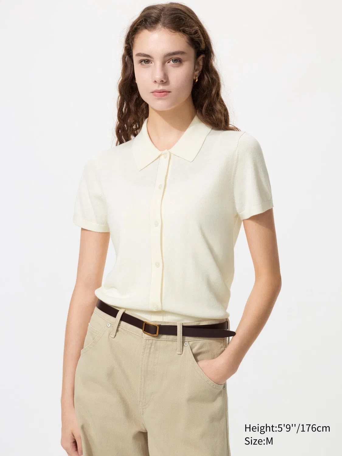 Кардиган-Поло Uniqlo, смесь мериносовой шерсти, короткий рукав, кремовый