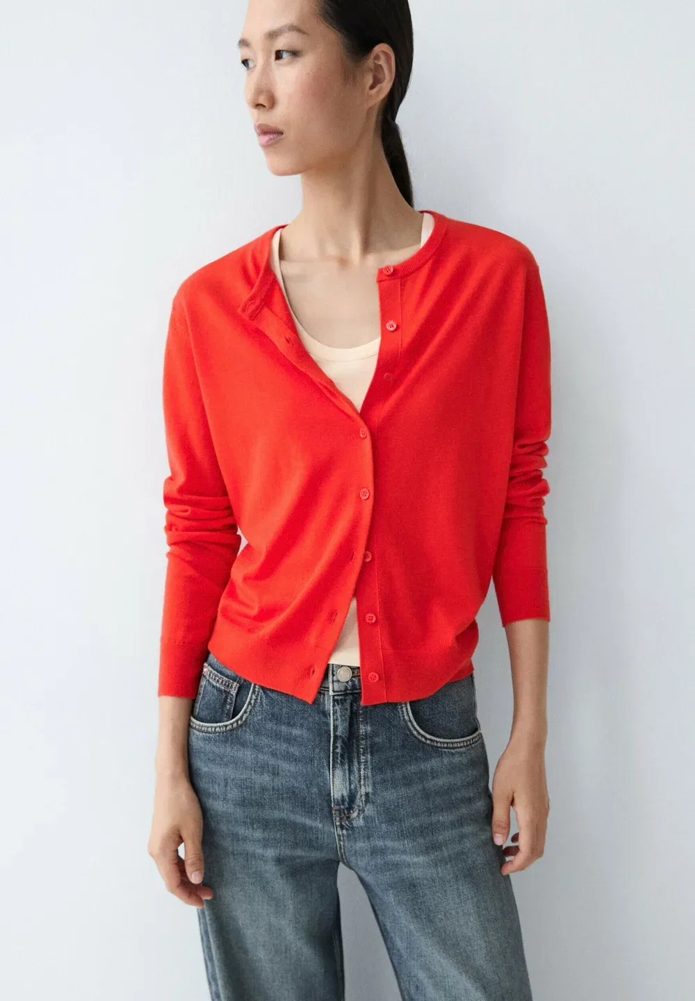 Кардиган с круглым вырезом, тонкой вязки Massimo Dutti, Red