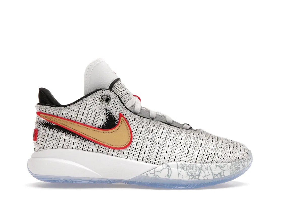 Детские кроссовки для мальчиков баскетбольные Nike LeBron 20, White/Metallic Gold/Black/University Red/Wolf Grey