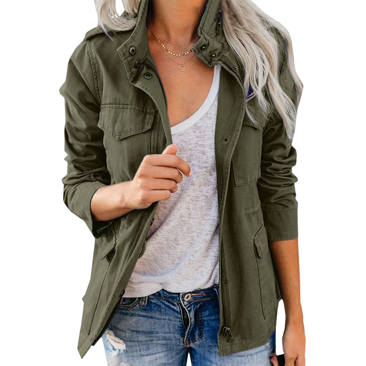 Женское пальто с высоким воротником на молнии, камуфляжное, бомбер, army green
