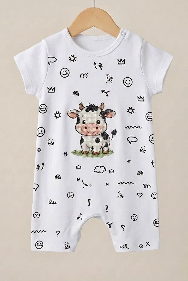 Детский комбинезон для малышей с принтом Unisex cow printed short sleeve baby romper cotton Lucevera, White — фото 3
