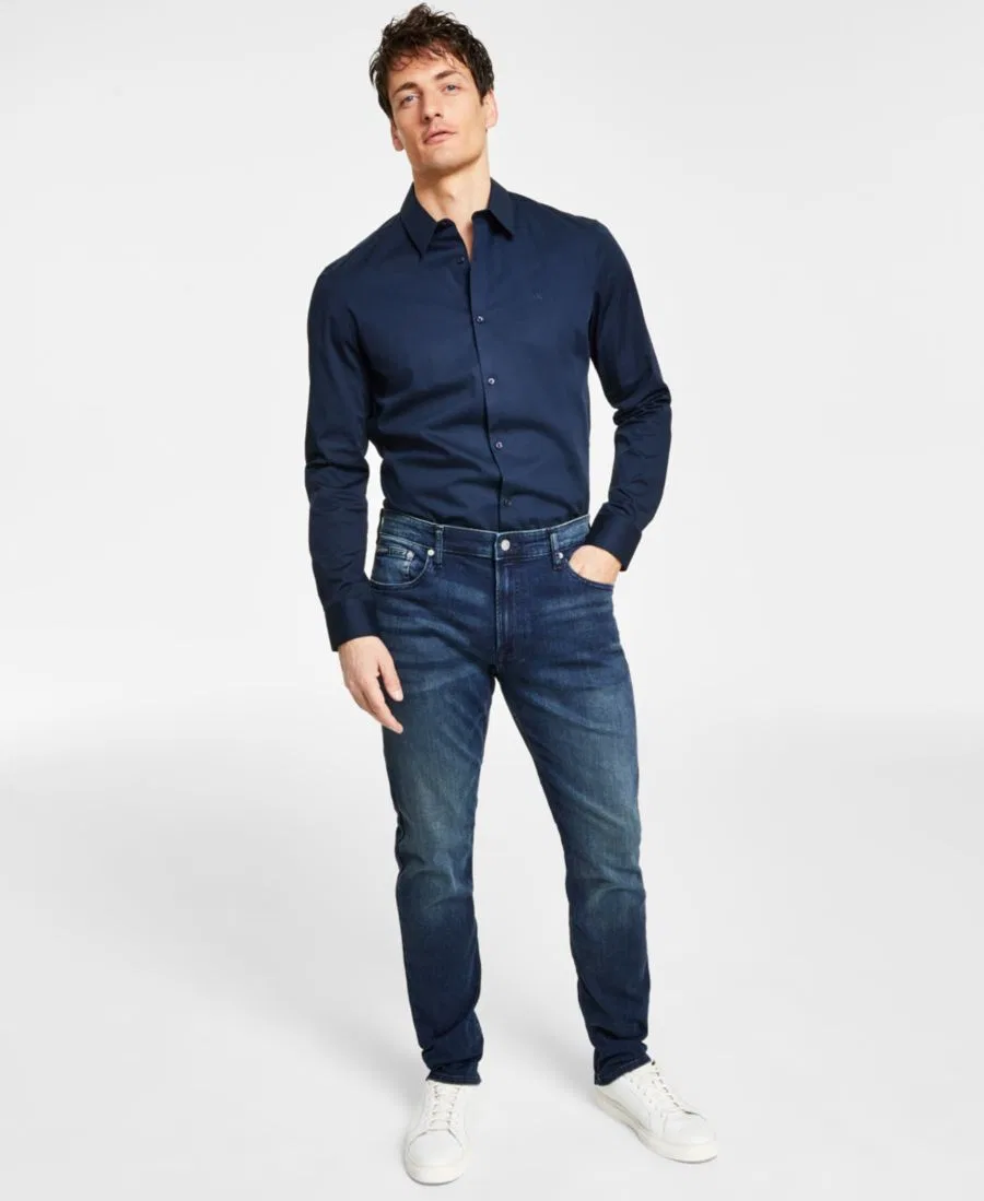 Джинсовая куртка-тракер, лонгслив с логотипом и джинсы в комплекте Calvin Klein, Boston Blue