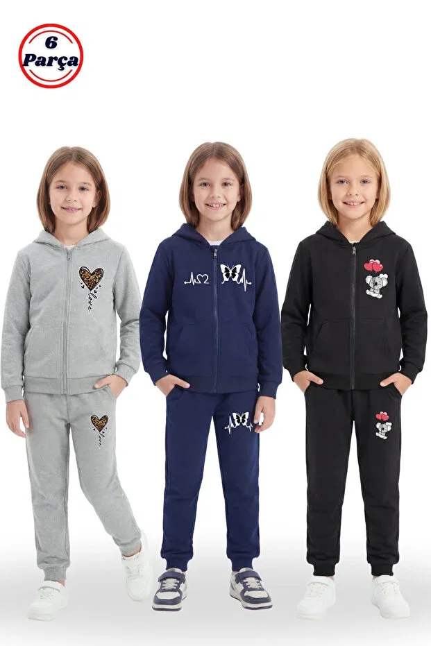 Детский комплект спортивных костюмов для девочек с принтом 6 шт Panios Kids, Gray-Blue-Black