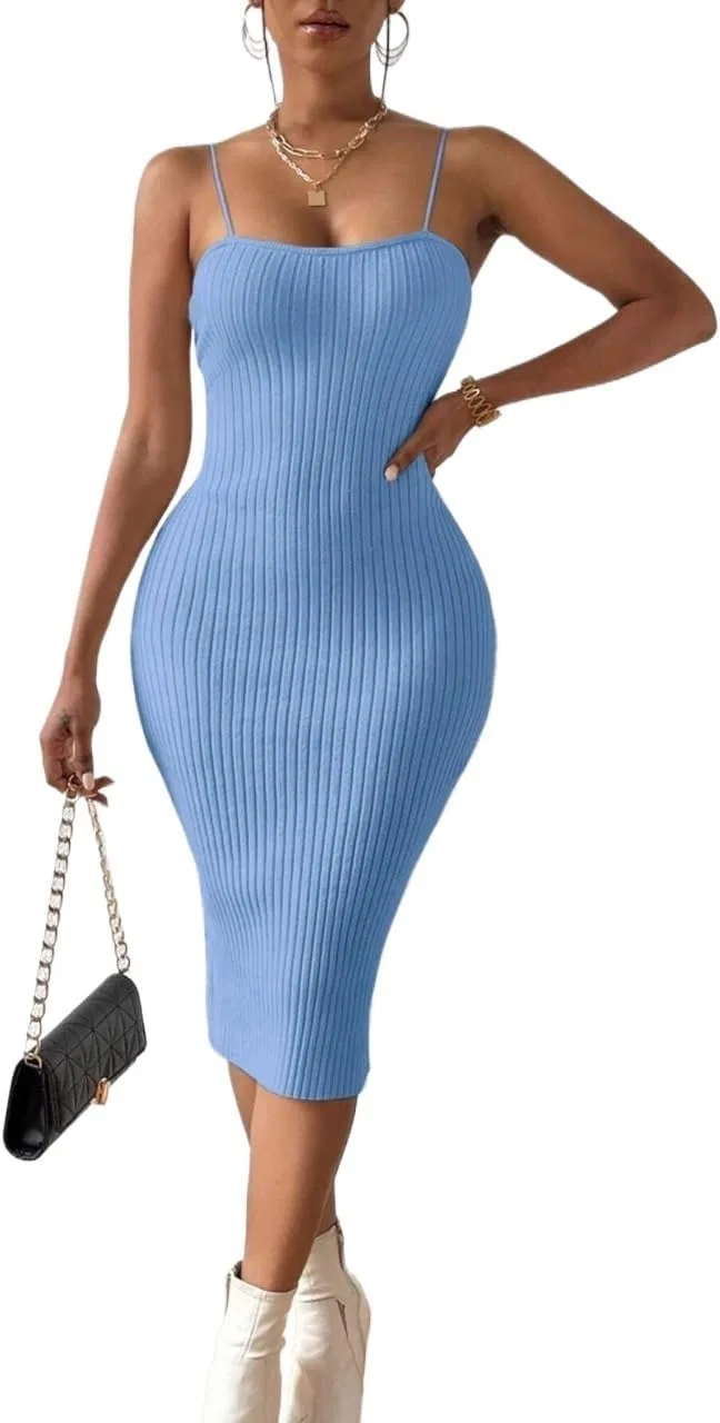 Женское облегающее платье миди без рукавов с открытой спиной Rib Knit, Blue