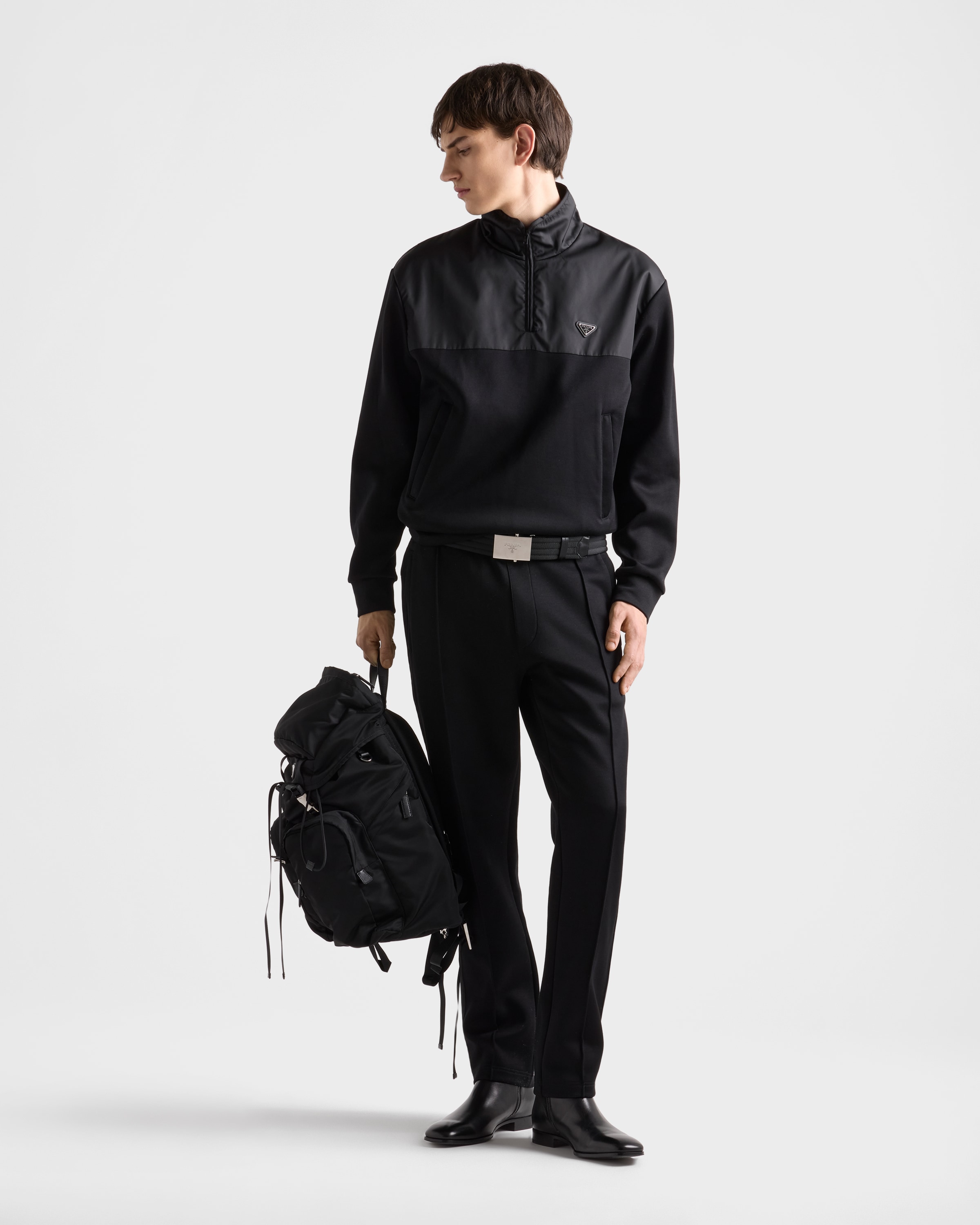 Брюки из хлопкового флиса с деталями из Re-Nylon Prada, черный — фото 2