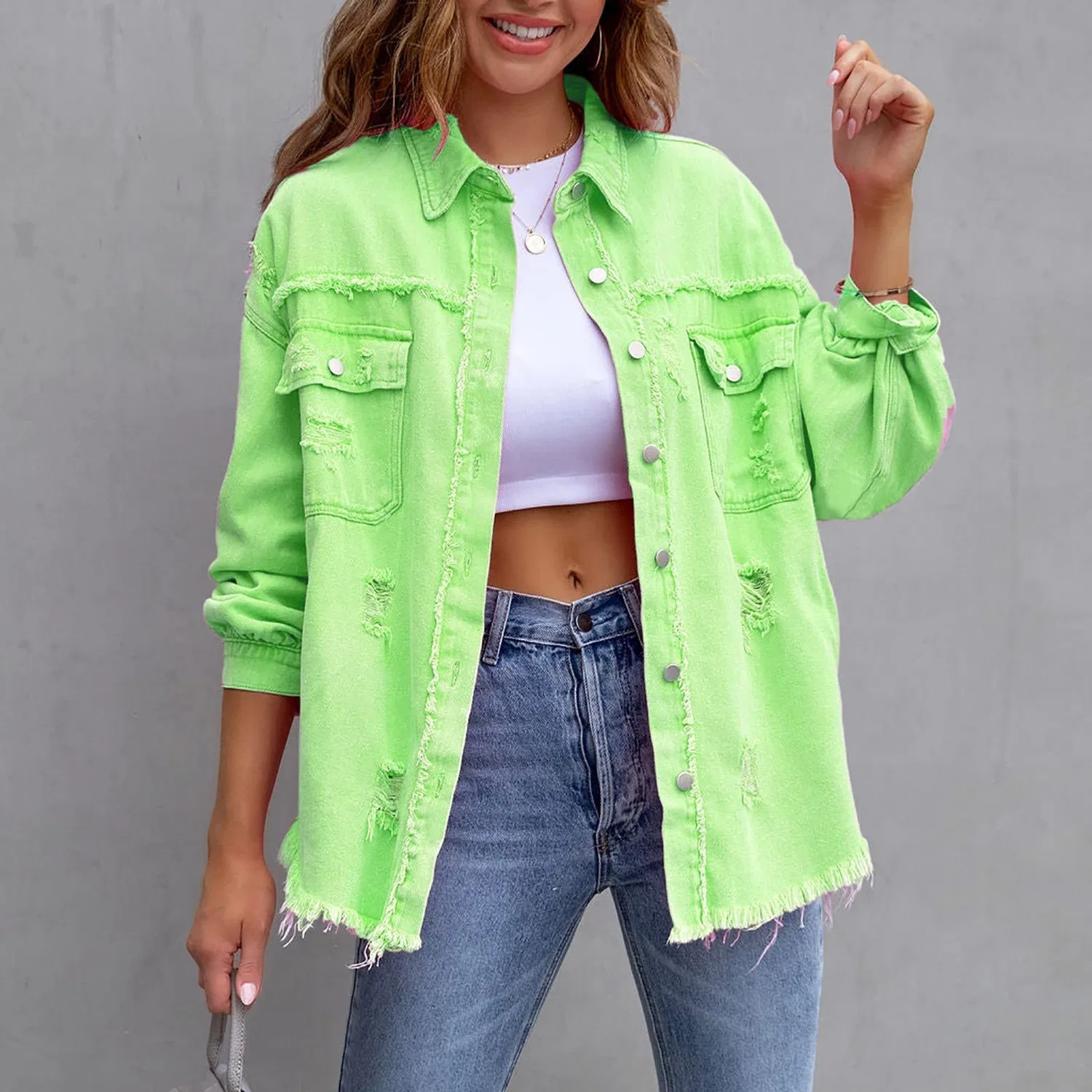 Женская джинсовая куртка с длинным рукавом, slim fit, Verde — фото 4
