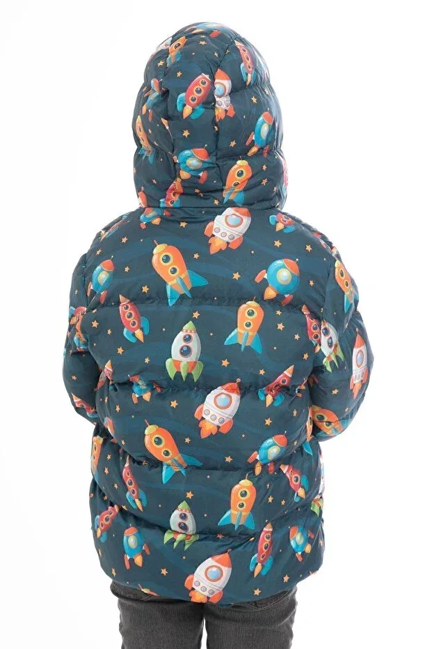 Детское пальто-пуховик для мальчиков с принтом Boy'S fleece hooded rocket patterned winter puffer jacket & coat & parka Royalside, Navy Blue — фото 4