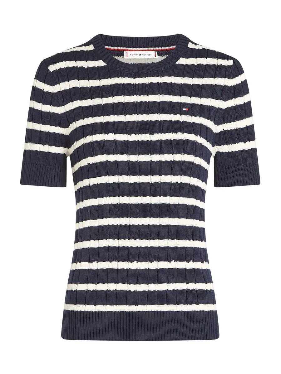 Свитер TOMMY HILFIGER с коротким рукавом и узором «косичка» синего цвета