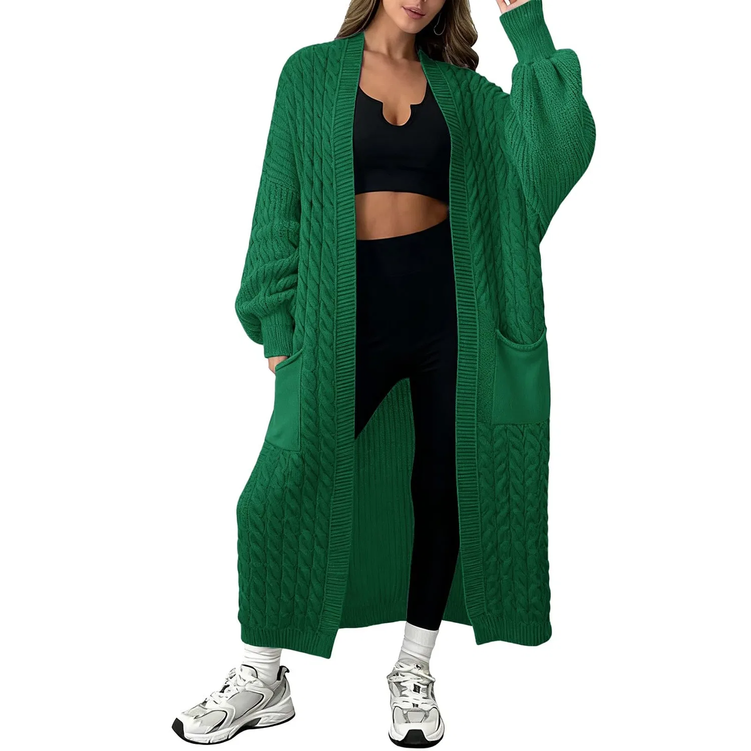 Женский удлиненный кардиган крупной вязки с карманами, Verde
