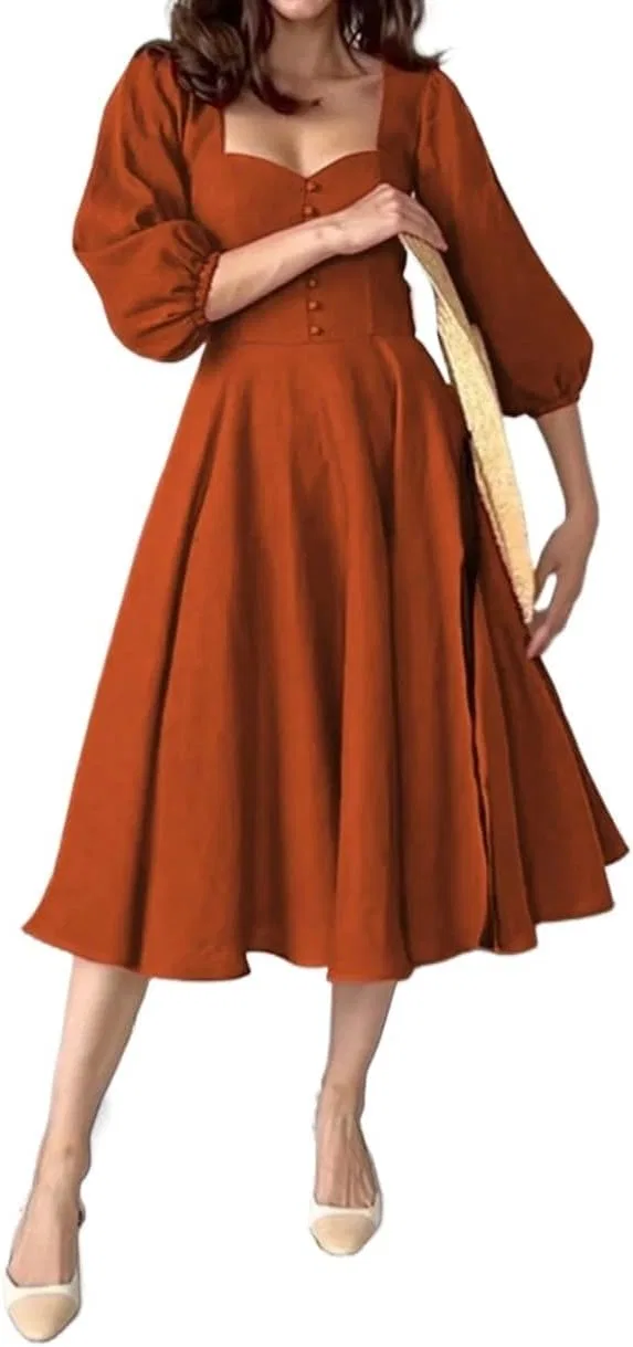 Женское повседневное миди-платье с воротником Casual Retro Waist Fit, Rust Brown