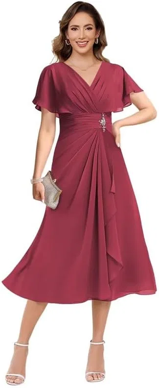 Женское платье для матери невесты с рюшами и кристаллами, Chiffon, Desesrt Rose