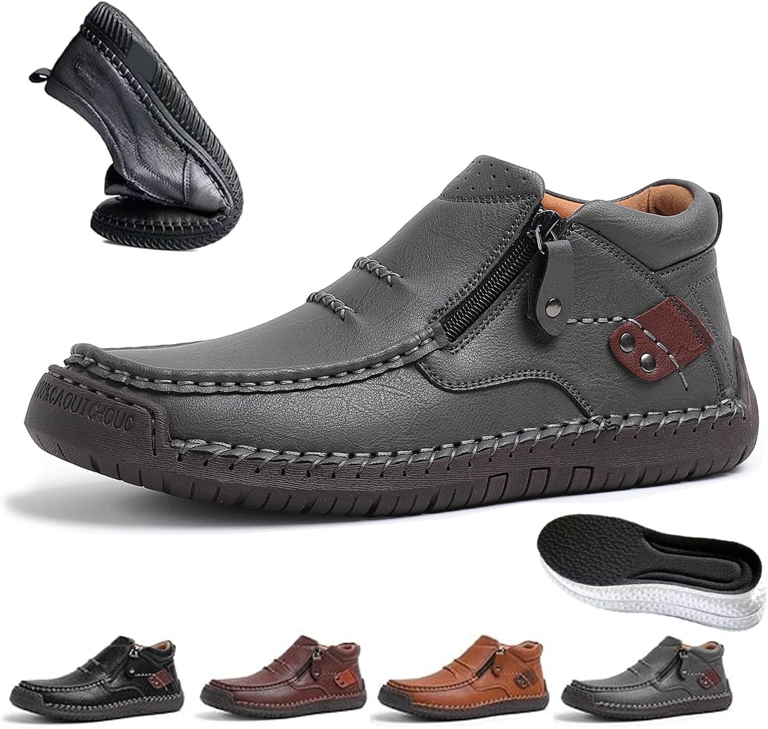 

Мужские вручную сделанные премиальные кожаные ботинки WXDSTW - слипоны для вождения, с широким носком, поддержкой свода стопы, легкие, удобные, водонепроницаемые, с нескользящей подошвой и боковой молнией, серый