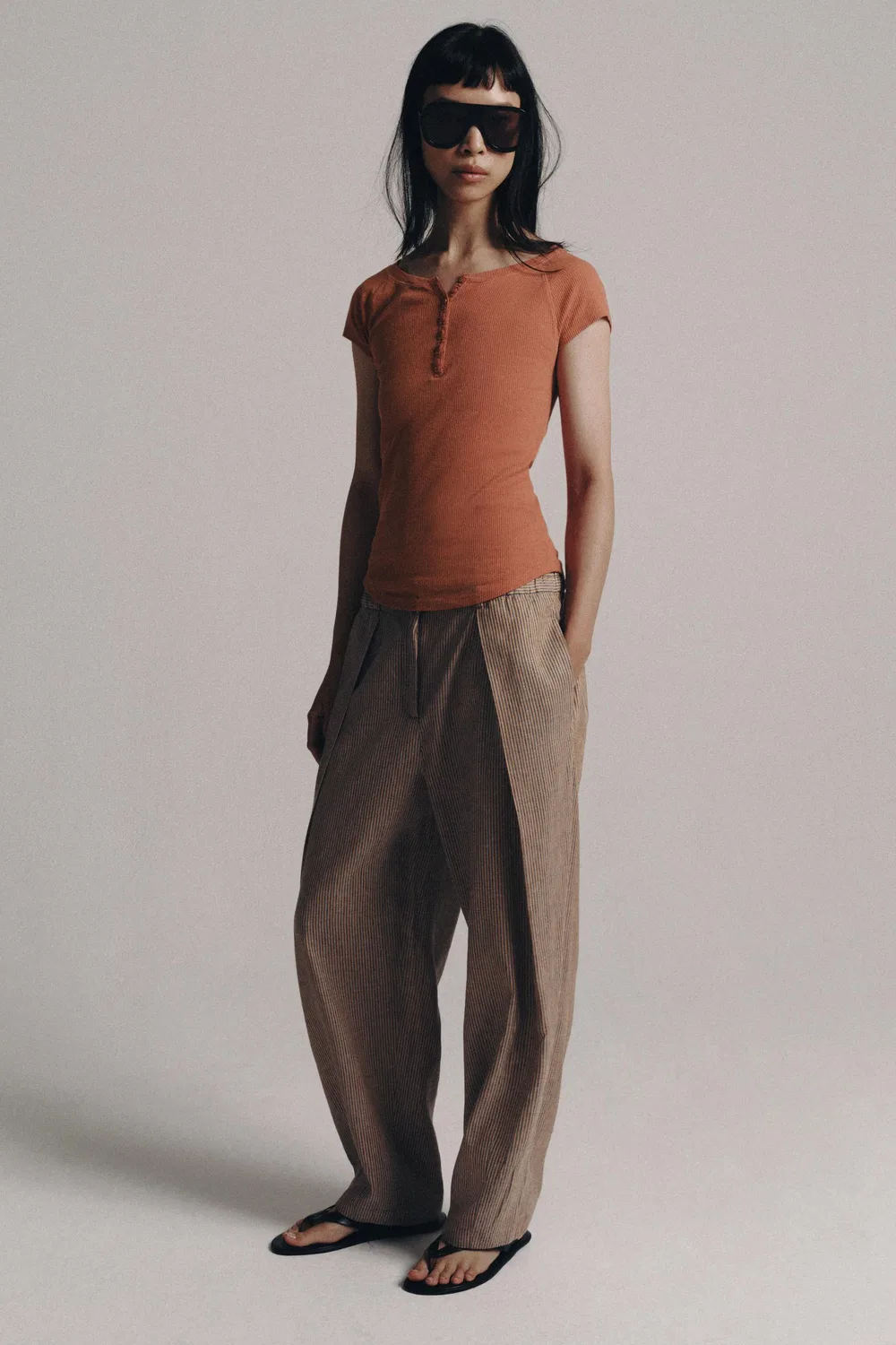 Футболка из льняной смеси с пуговицами ZARA, Terracotta — фото 4