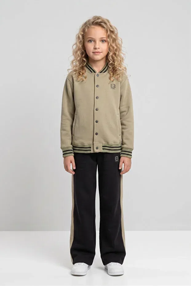 Детский спортивный комплект для девочек с широкими штанинами College Collar Wide Leg Tracksuit Set Black One, Green — фото 4