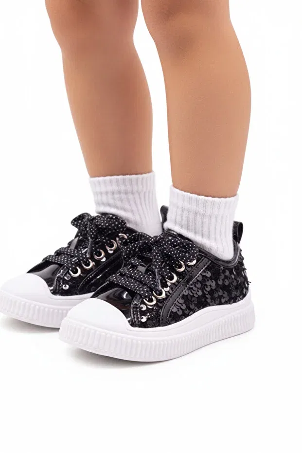 Детские кеды для девочек с блестками и шнуровкой Kids A More, Black — фото 2