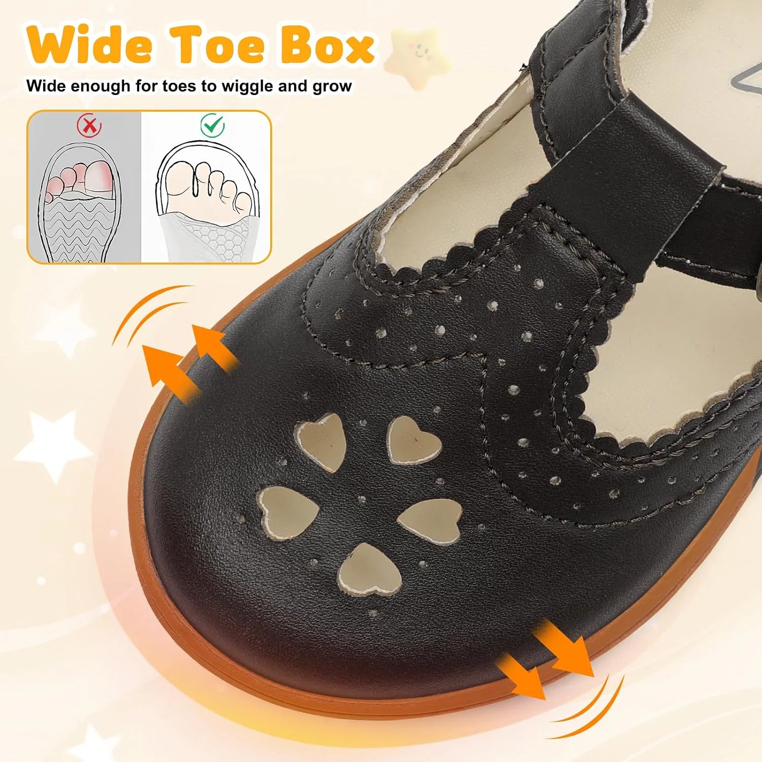Детские туфли для девочек с широким носком Mary Jane Flats LeIsfIt, Black — фото 4