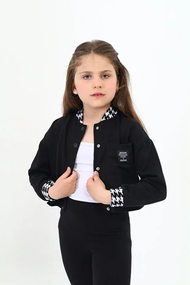 Детский кардиган для девочек с принтом College Collar Snap Closure Printed Color Block Knitted Cardigan Toontoy, Black — фото 3