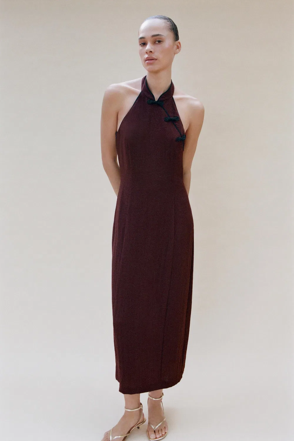Платье с бретелькой через шею и застежкой-«лягушкой» ZARA, Burgundy