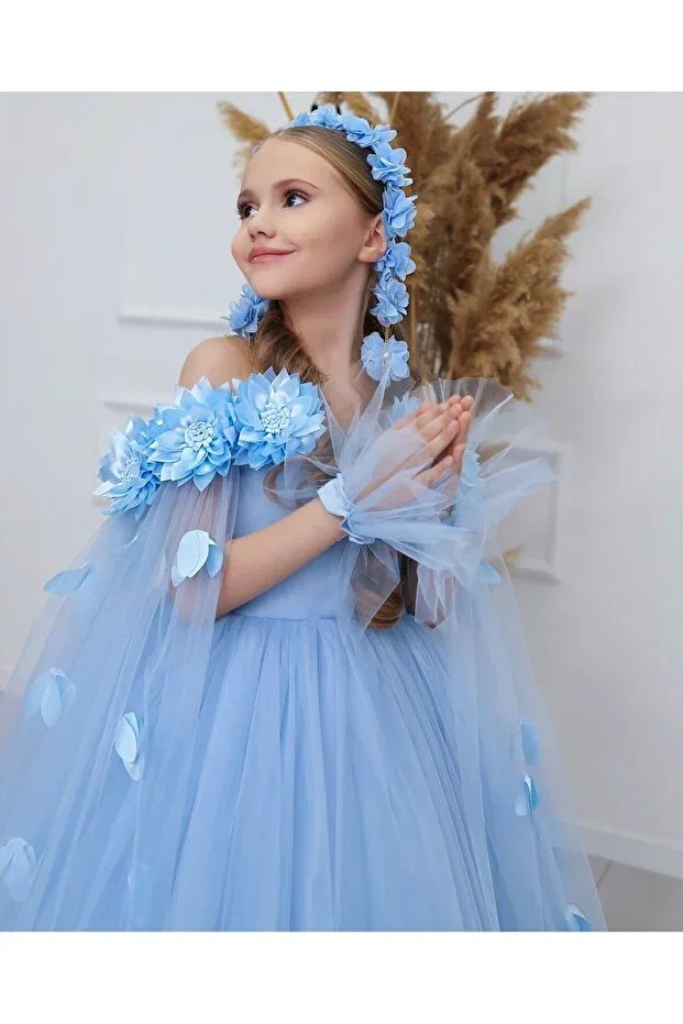 Детское платье для девочек с длинным рукавом Graduation evening dress children's tarlatanlı-buckle_gloves Sila, Blue — фото 2