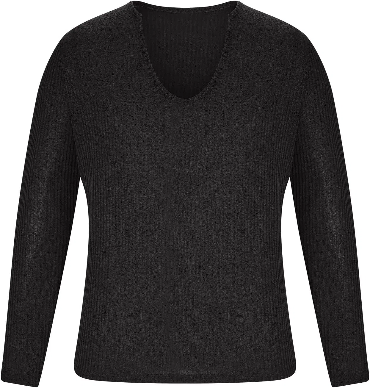 Мужская облегающая футболка с длинным рукавом V-образным вырезом Ribbed Knit, Black — фото 3
