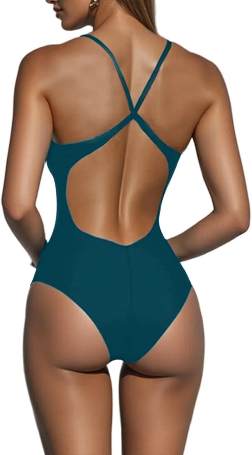 Женский слитный купальник с V-образным вырезом и перекрестной спинкой, Dark Green