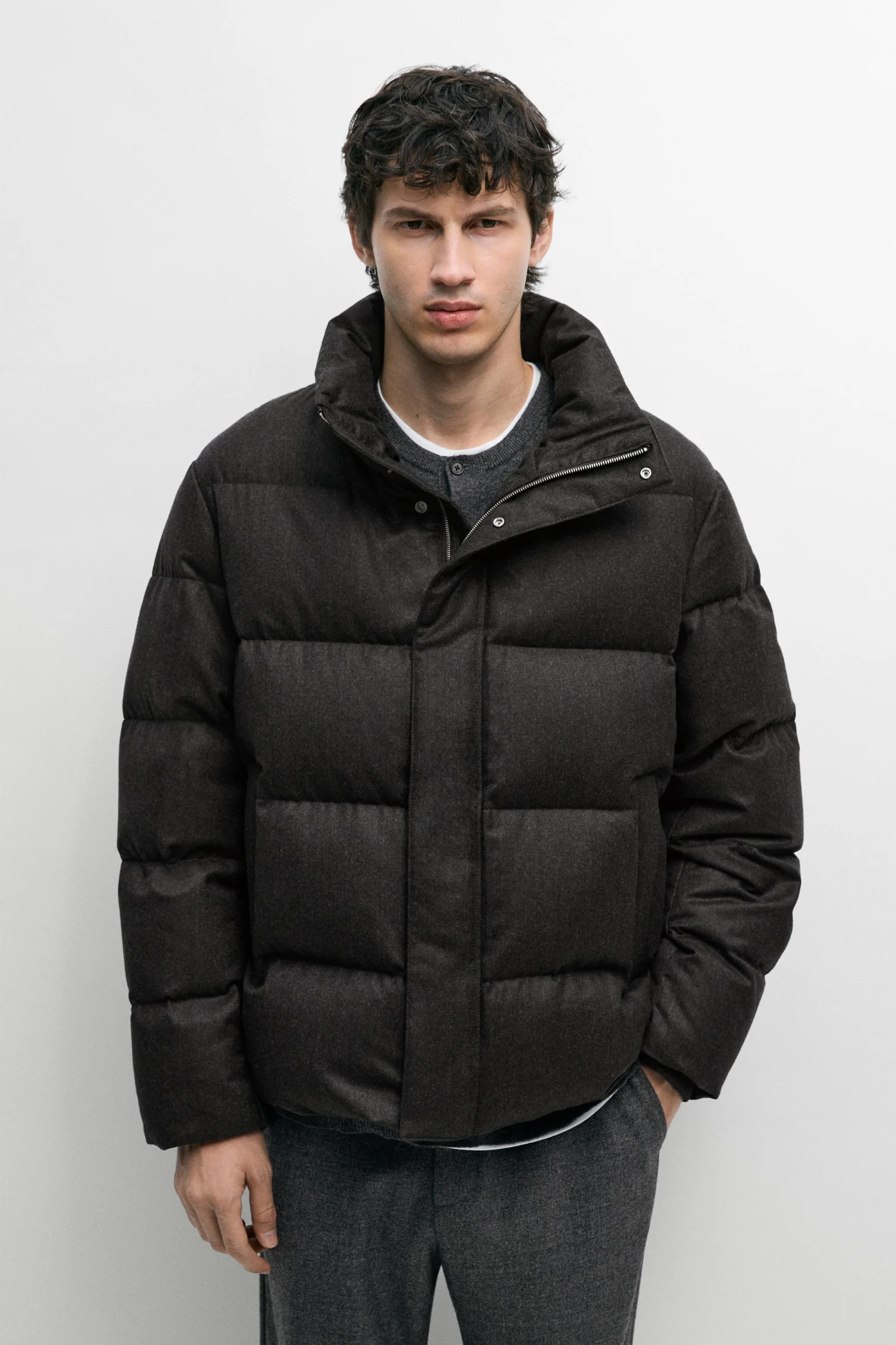 Пуховик Massimo Dutti 100% Wool High Neck, коричневый — фото 2