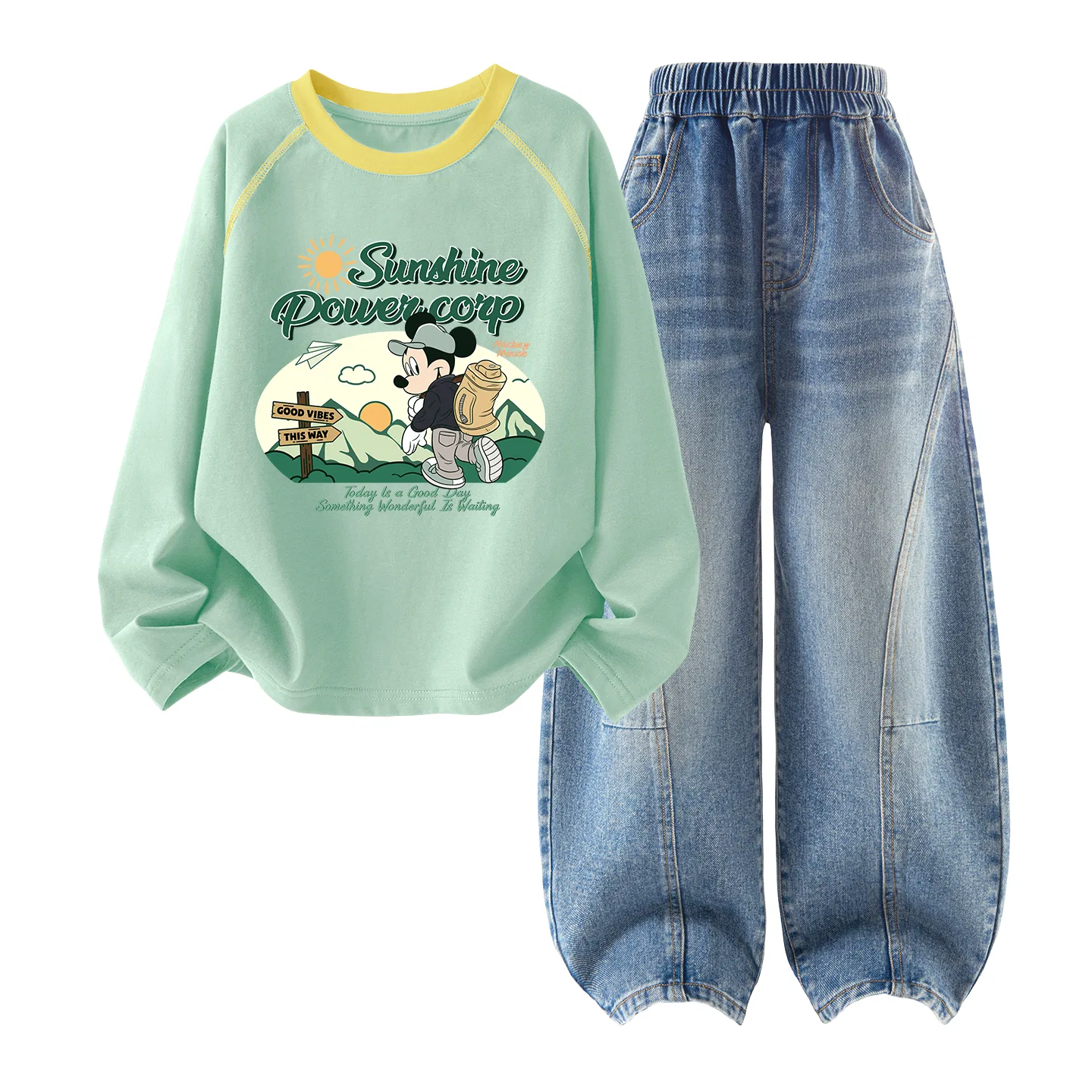 Детский спортивный костюм из футера с принтом Disney Diqiu Camp Cheese Yellow+Solid Color Denim Light Blue — фото 3