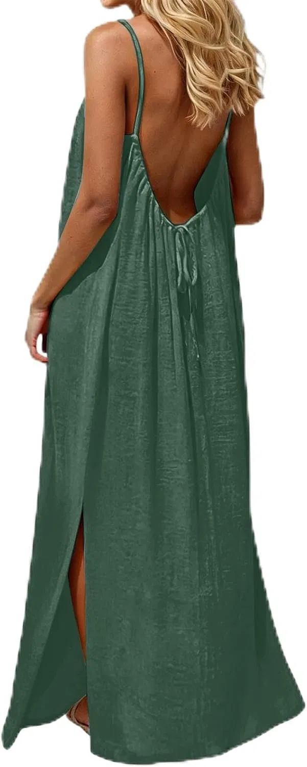 Женское макси-платье без спинки на бретельках Army Green