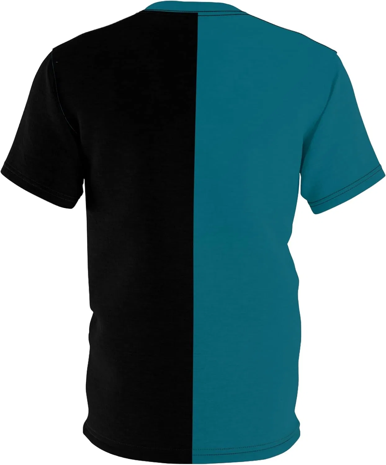 Футболка с принтом Half Teal Blue & Half Black, Black Stitching — фото 3