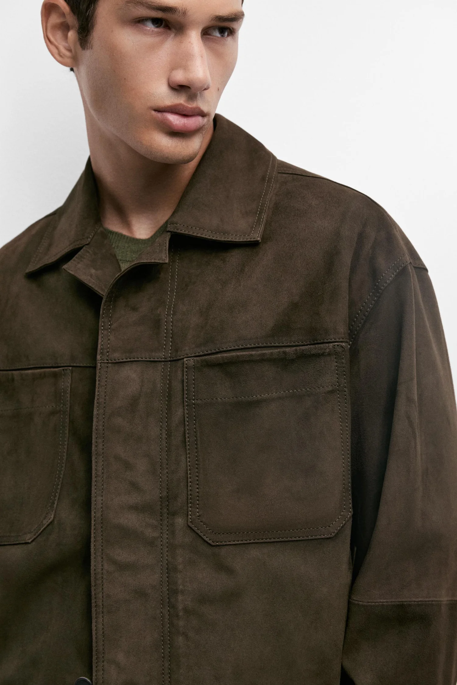 Замшевая куртка Massimo Dutti Relaxed fit, хаки — фото 4