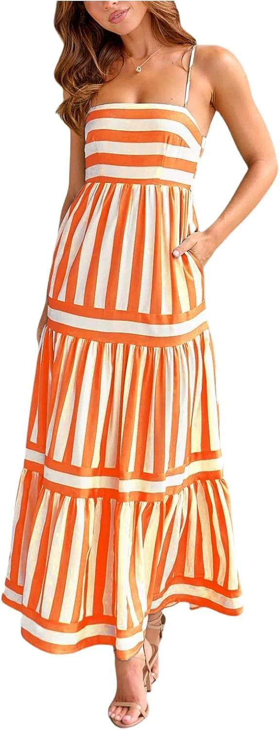 Женское летнее макси-платье с запахом на бретелях, Striped