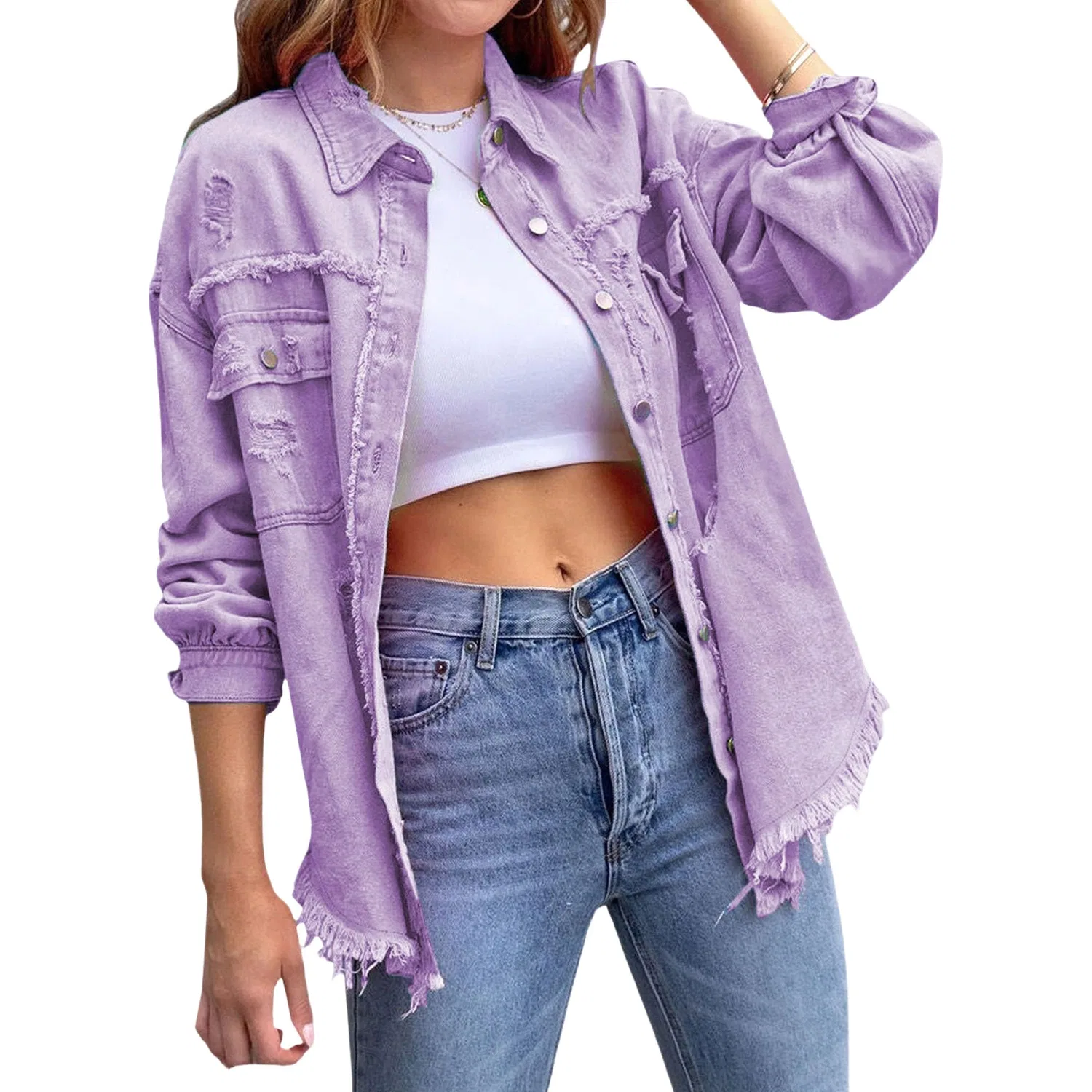Женская джинсовая куртка oversize с бахромой, Viola