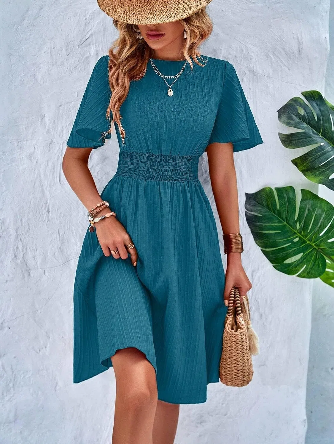 Женское платье миди A-силуэта с высокой талией, Teal Blue — фото 4