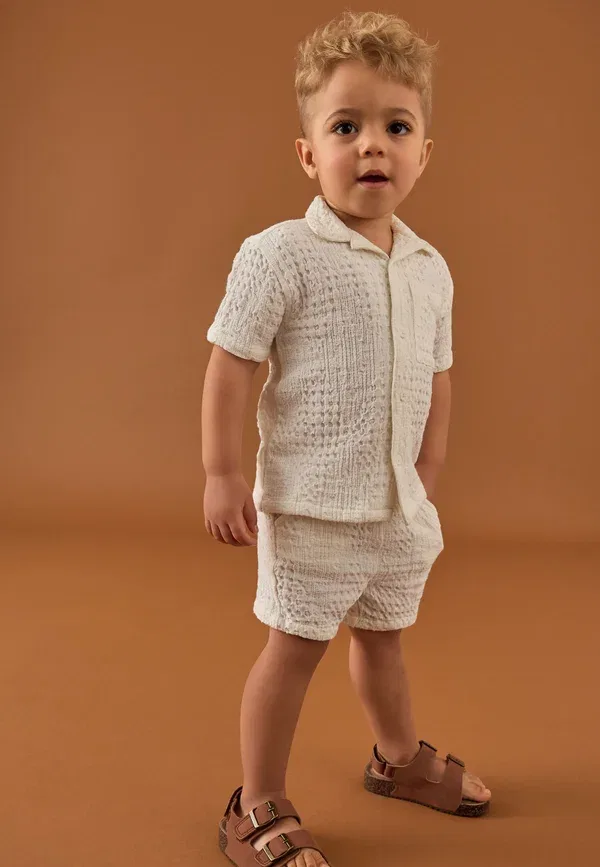 Костюм из хлопка Short sleeves revere collar texture set, Next, Ecru Texture Plain, экрю — фото 2