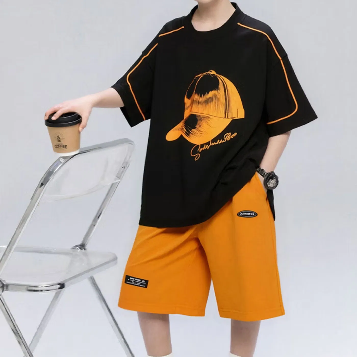 Комплект одежды для мальчиков с коротким рукавом, модель 2 pcs 3-14years boys pants suit, Chicpoint, оранжевый — фото 3
