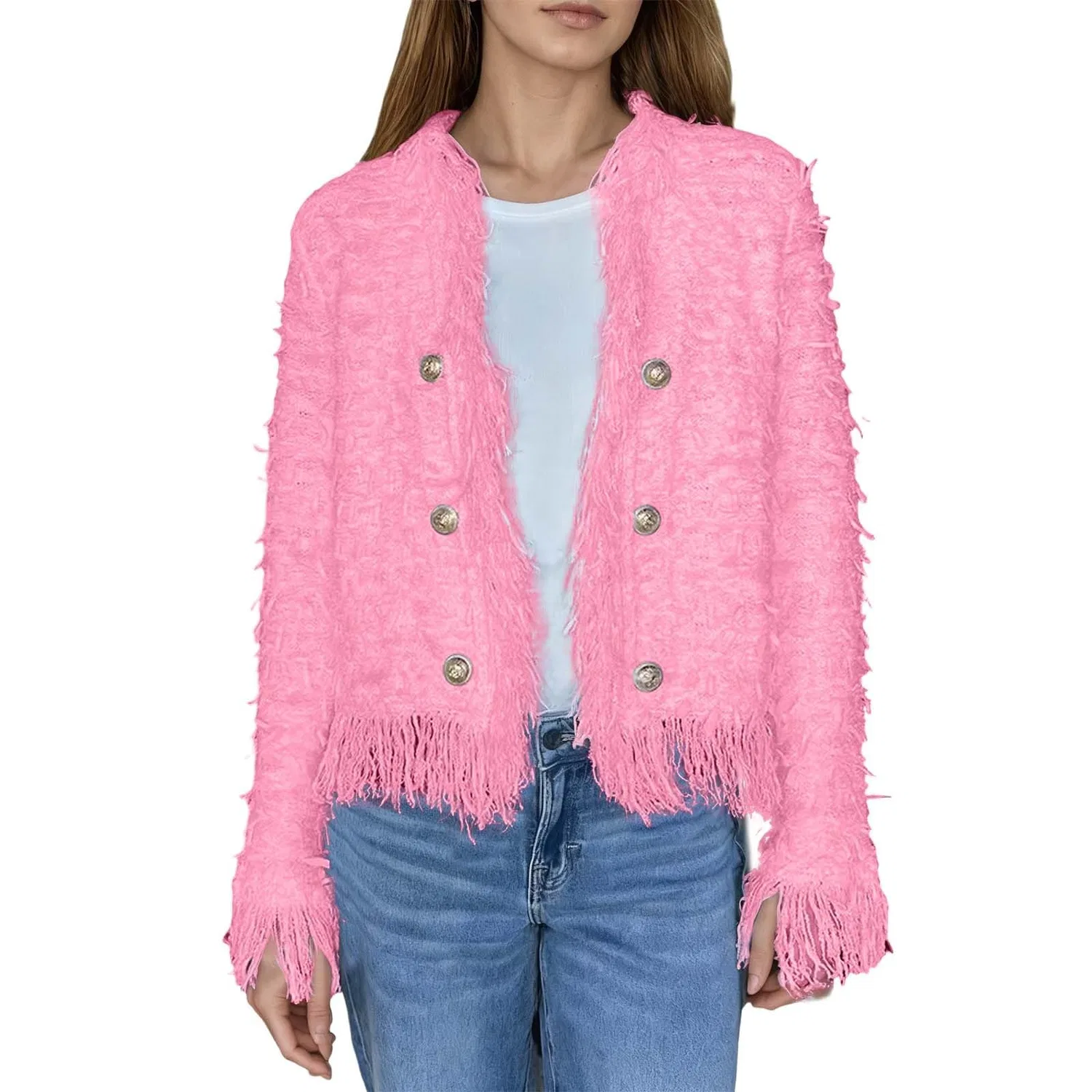 Женская куртка с бахромой и декоративными металлическими пуговицами, Pink