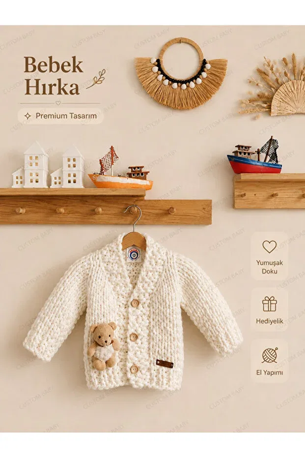 Детский кардиган с принтом Unisex baby cardigan with teddy bear detail, premium design, soft textured alize puffy El Örgüsü, White — фото 4