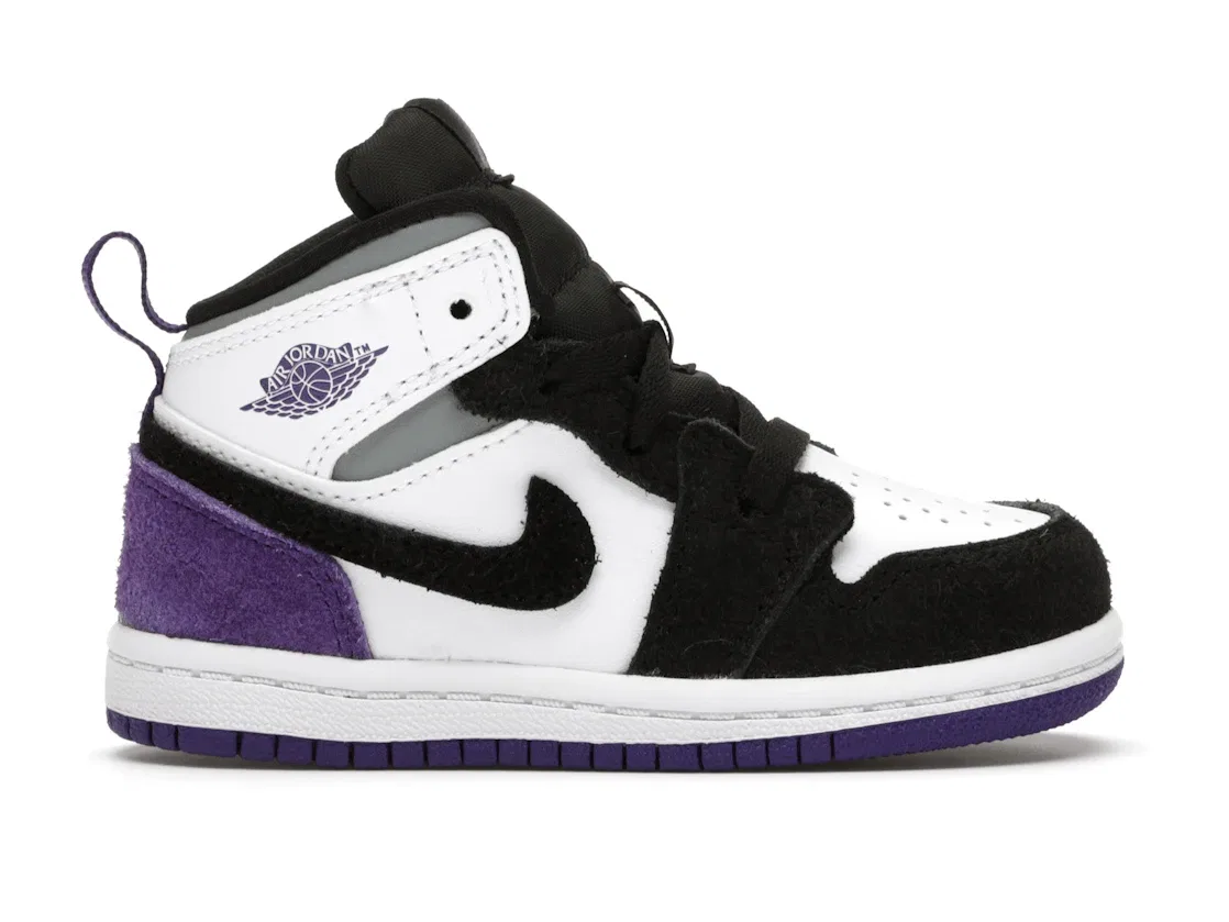 Детские кроссовки для мальчиков с высоким берцем Jordan 1 Mid Jordan, White/Black-Light Solar Flare Heather-Varsity Purple