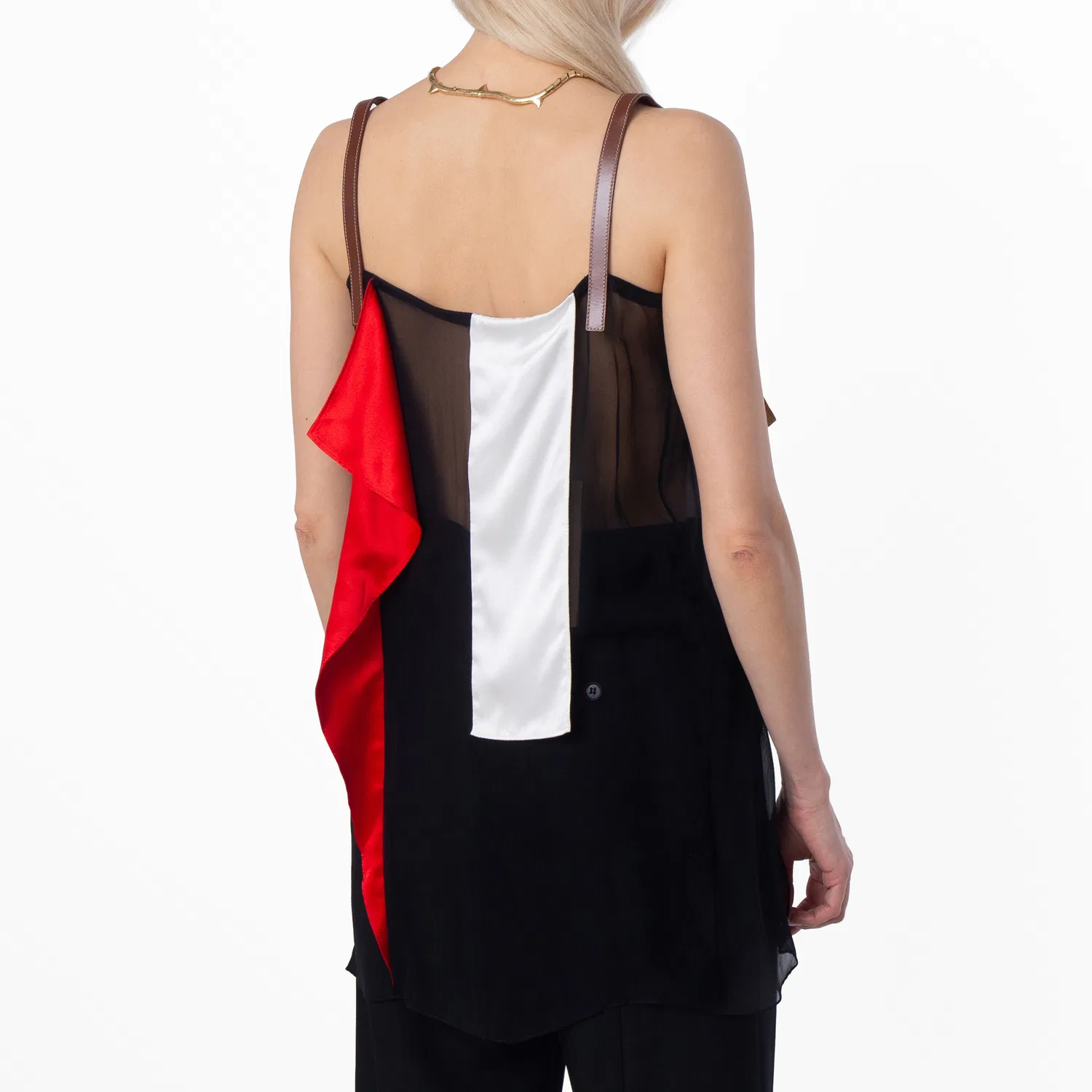 Топ из шёлка с кожаными деталями, модель Leather Detail Colour Block Burberry, Black — фото 4