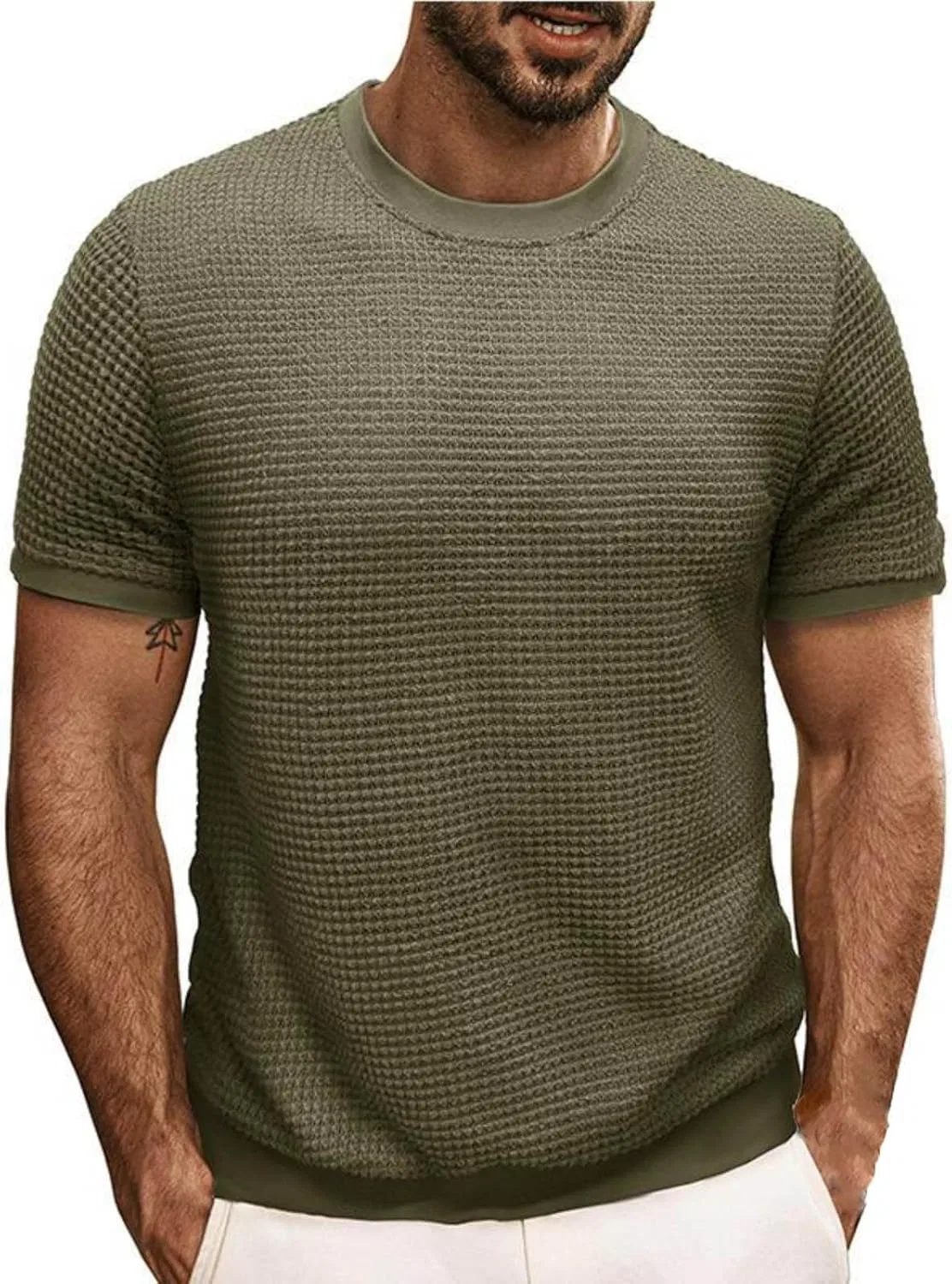 Мужская футболка с вафельной текстурой, Crewneck Pullover, Army Green