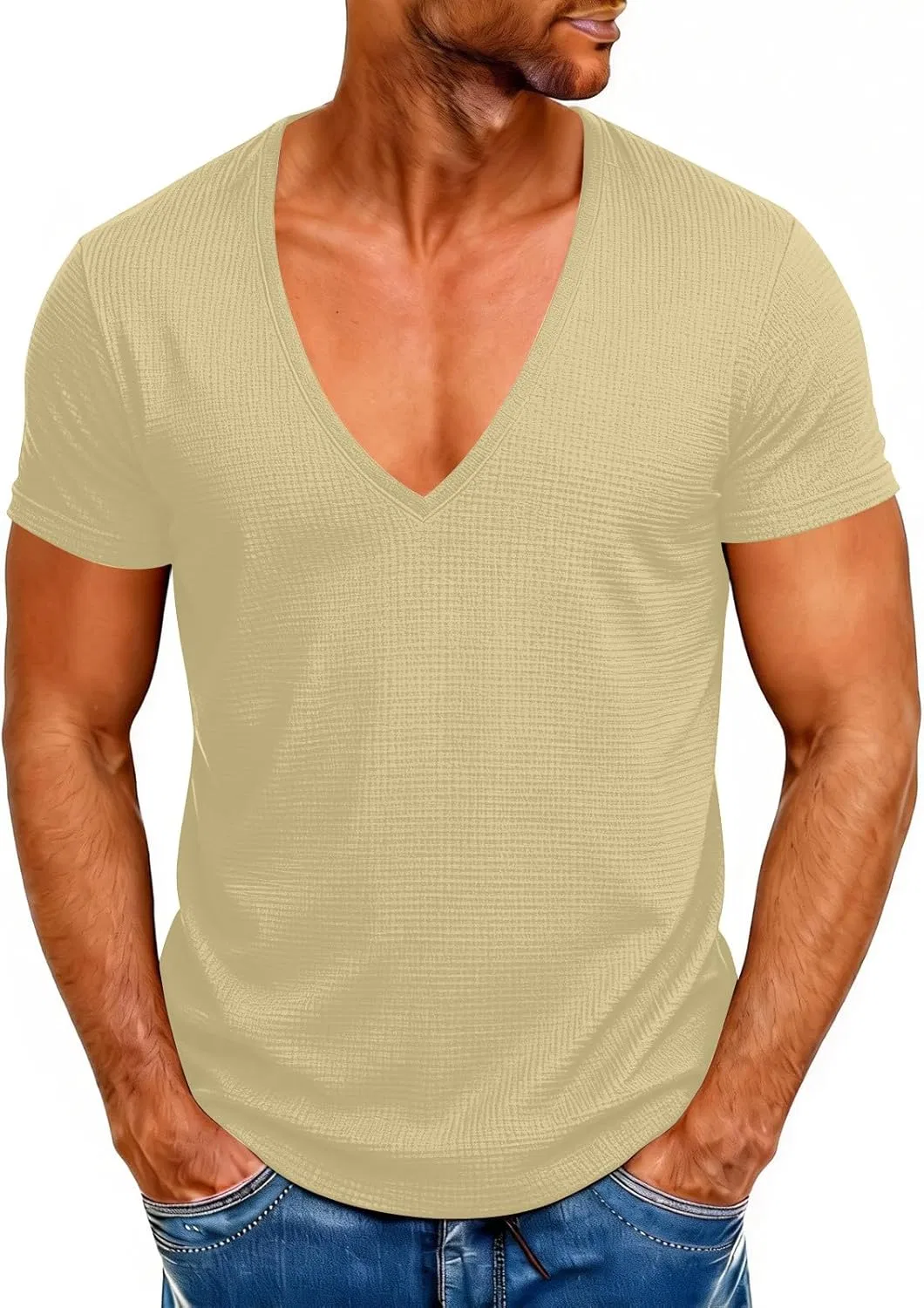 Мужская футболка с V-образным вырезом Deep V Neck Shirt, Beige — фото 2